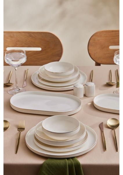 6 kişilik şık bone china yemek takımı, altın detaylar, 29 parça, modern tasarım