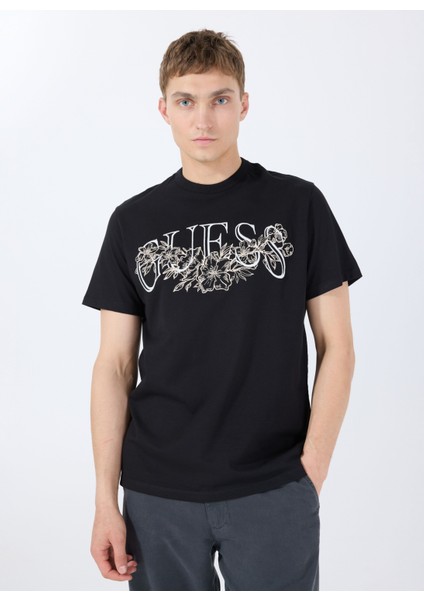 Bisiklet Yaka Desenli Siyah Erkek T-Shirt M5GI17K8FQ4JBLK Ss Cn Guess Flower