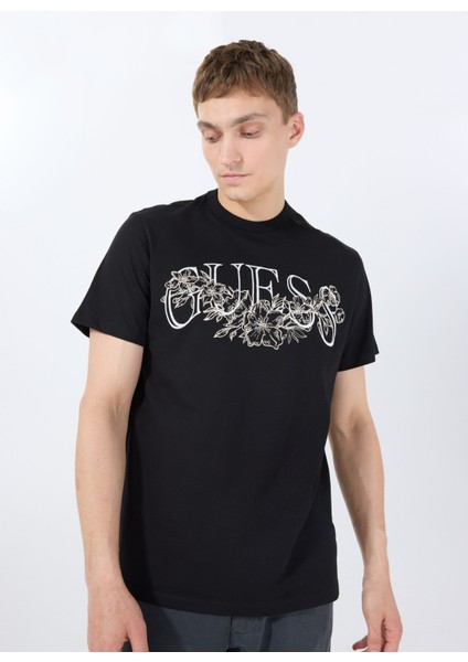 Bisiklet Yaka Desenli Siyah Erkek T-Shirt M5GI17K8FQ4JBLK Ss Cn Guess Flower