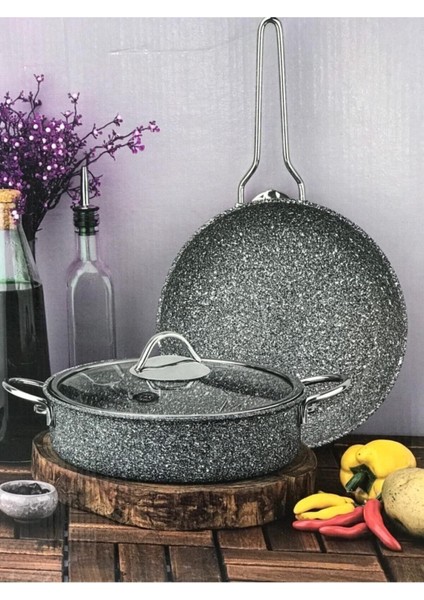 Yapışmaz 3 Parça Granit Tencere ve Tava Seti, Gri, 5 L Hacim
