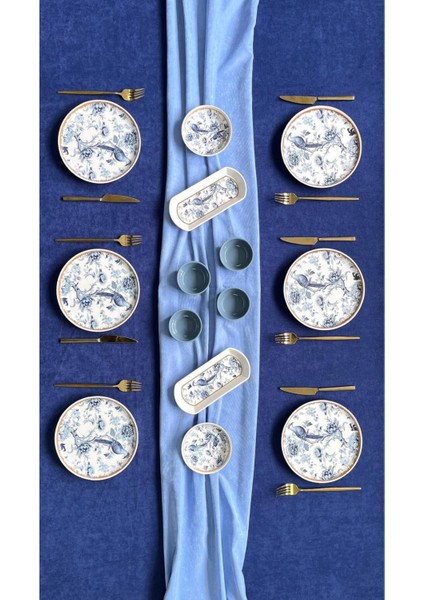 6 kişilik mavi seramik kahvaltı takımı, 14 parça, şık ve kullanışlı set