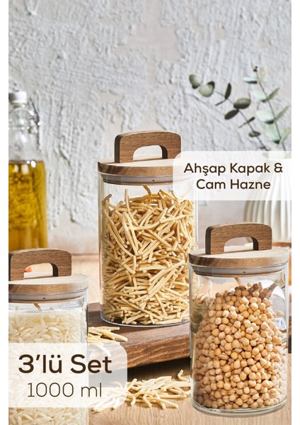 3'lü 1000 ml turuncu cam kavanoz seti, ahşap kapak ve tutacaklı, şeffaf tasarım