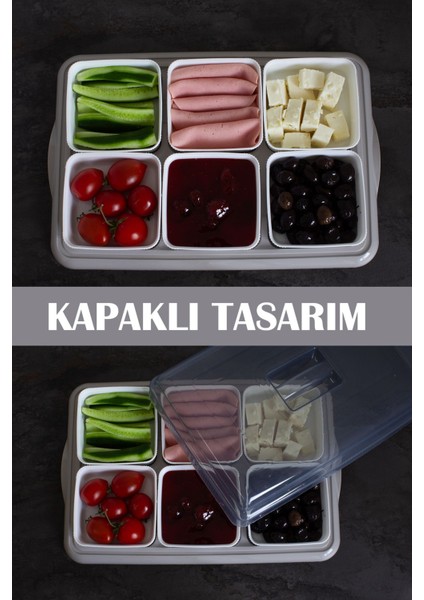 6'lı bej kapaklı kahvaltı ve saklama seti, tepsili, pratik kullanımlı, dayanıklı ürün