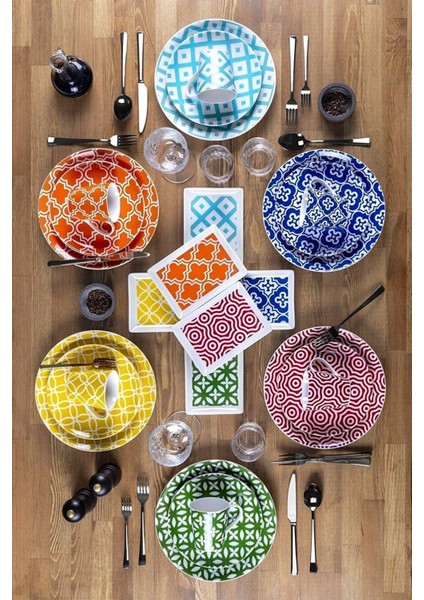 Renkli 24 Parça 6 Kişilik Porselen İkram Takımı, BPA Free, Şık ve kullanışlı.