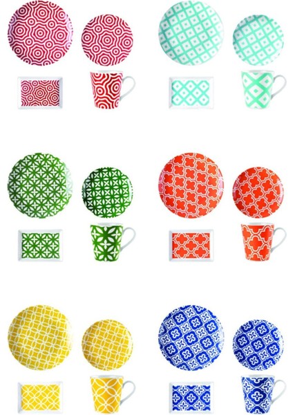 Renkli 24 Parça 6 Kişilik Porselen İkram Takımı, BPA Free, Şık ve kullanışlı.