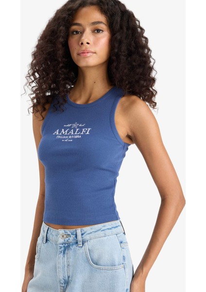 Slim Fit Dar Kesim Baskılı Halter Yaka Fitilli Kaşkorse Atlet F6239AX25HS