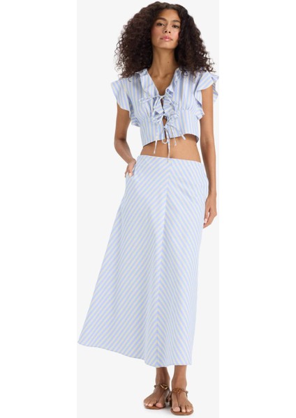A Kesim Çizgili Normal Bel Poplin Maxi Etek F7069AX25SM