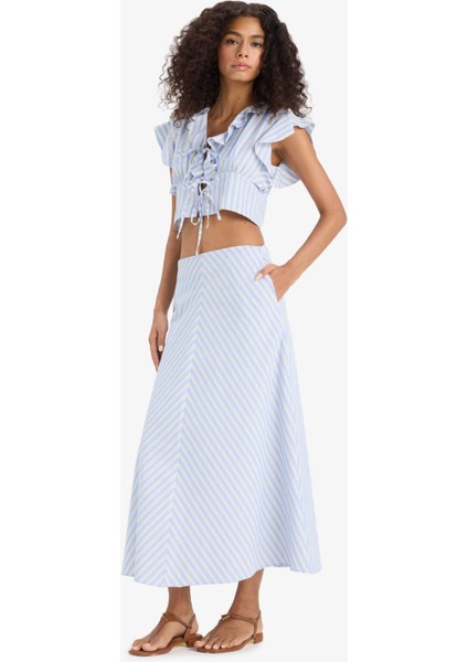 A Kesim Çizgili Normal Bel Poplin Maxi Etek F7069AX25SM