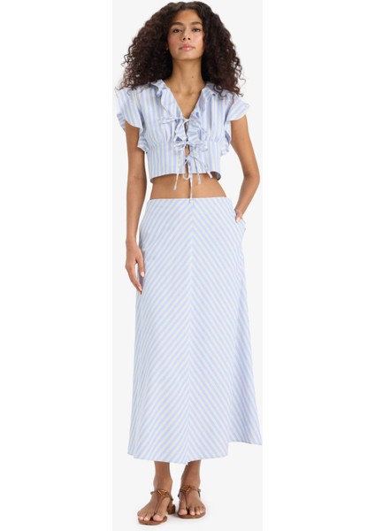 A Kesim Çizgili Normal Bel Poplin Maxi Etek F7069AX25SM