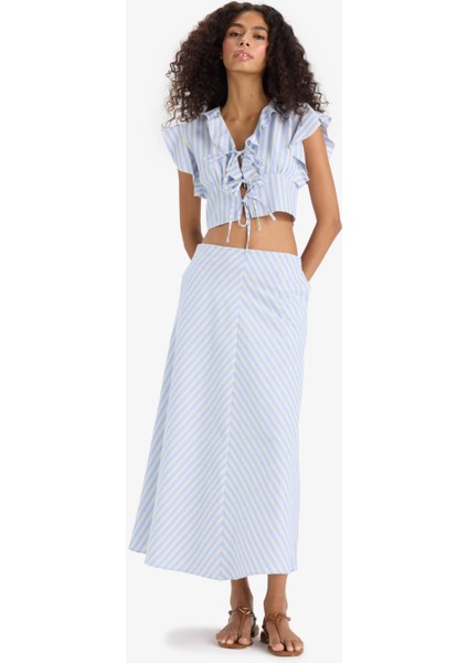 A Kesim Çizgili Normal Bel Poplin Maxi Etek F7069AX25SM