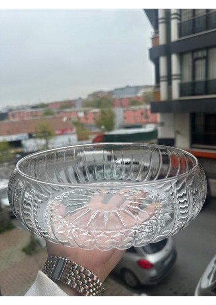 El Yapımı Dekorlu Büyük Cam Salata Kasesi 24 cm Beyaz