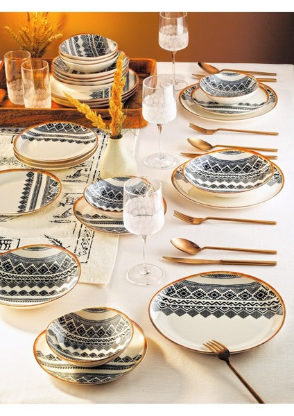 Şık 24 Parça Porselen Yemek Takımı, 6 Kişilik, Modern ve Etnik Tasarım