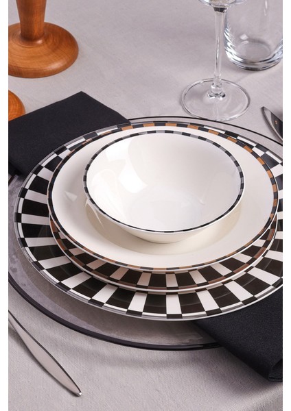 Şık siyah 24 parça 6 kişilik yemek seti, bone china malzeme, modern tasarım
