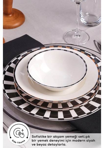 Şık siyah 24 parça 6 kişilik yemek seti, bone china malzeme, modern tasarım