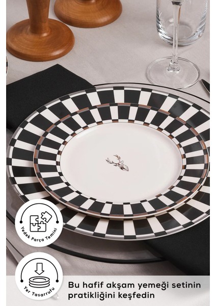 Şık siyah 24 parça 6 kişilik yemek seti, bone china malzeme, modern tasarım