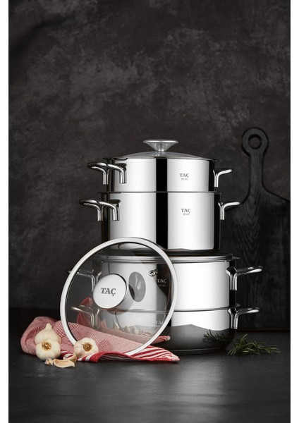 8 Parça Çelik Tencere Seti, İndüksiyon Tabanlı, Metal Sap, Gri, 6 L Hacim