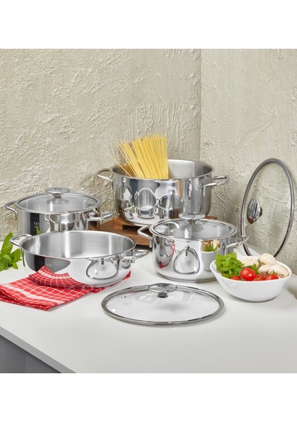 8 Parça Çelik Tencere Seti, İndüksiyon Tabanlı, Metal Sap, Gri, 6 L Hacim fiyatları