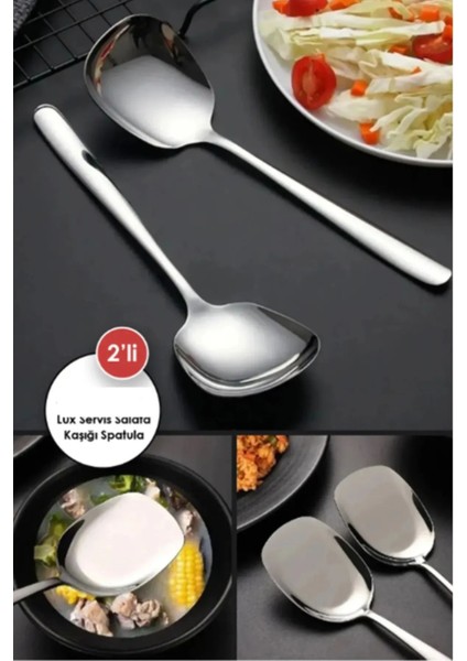 Paslanmaz çelik 2'li servis kaşığı ve spatula seti, şık ve dayanıklı 21 cm ürün