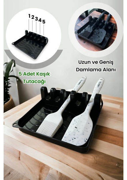 Şık ve pratik siyah kapak ve kaşıklık tutucu, mutfak düzenleyici 11x11 cm