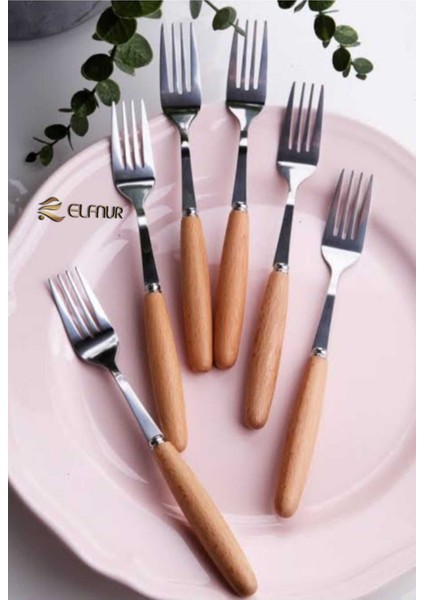 6 adet bambu saplı çelik yemek çatalı, şık ve sağlıklı kullanım için ideal