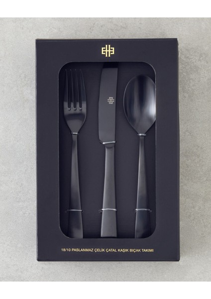 Şık 18 Parça Paslanmaz Çelik Çatal Kaşık Bıçak Takımı, 6 Kişilik Siyah Renk