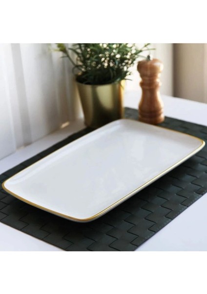 Beyaz ve altın detaylı 33cm seramik meze tabağı, şık ve kullanışlı tasarım