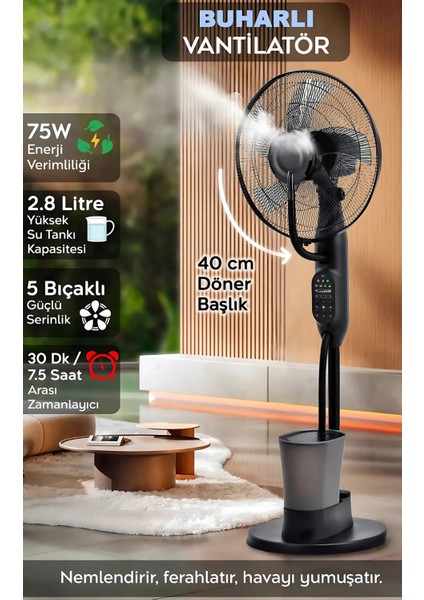 Buzlu Vantilatör Buharlı Nemlendirici Fan | Zaman Ayarlı | 2.8 Litre | 75° Oda Soğutucu | Dijital