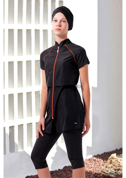 Genç Kız Kısa Kollu Yarı Kapalı Tesettür Mayo 1904 Siyah