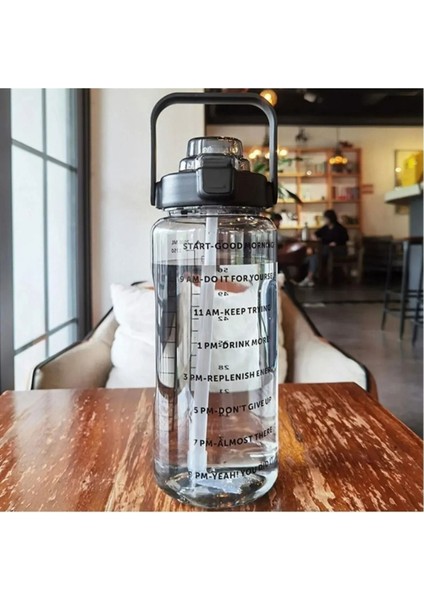 2L Şeffaf Motivasyon Matara – 2000 ml Siyah Sağlıklı ve Şık Su Şişesi