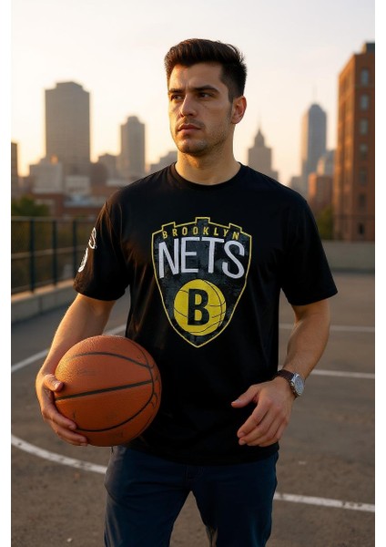 Erkek Oversize Nets Baskılı Pamuklu T-Shirt