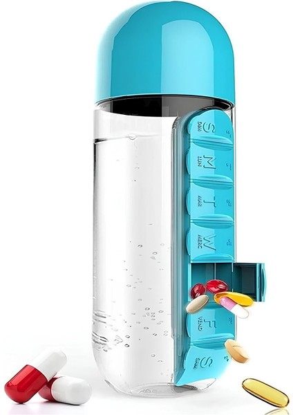 600 ml Mavi Şişe ve 7 Günlük Organizer, Plastik, Sağlam ve Şık Tasarım