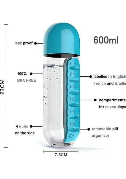 600 ml Mavi Şişe ve 7 Günlük Organizer, Plastik, Sağlam ve Şık Tasarım