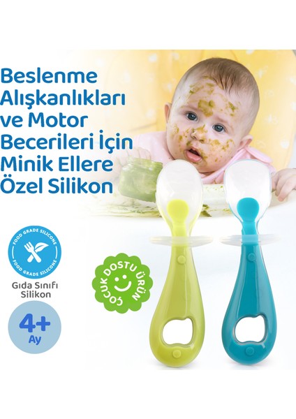 Silikon Bebek Mama Kaşık Seti, Diş Kaşıyıcı, 2 Li Set, Mavi Yeşil