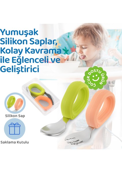 Bebek Çatal Kaşık Seti, Paslanmaz Çelik, Silikon Saplı, Pudra Yeşil