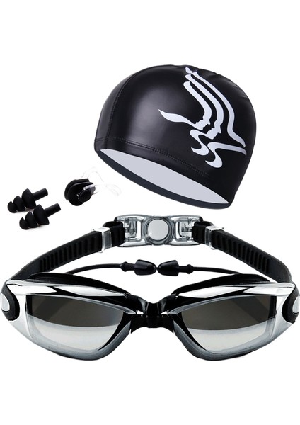 Erkekler ve Kadınlar Için Hd Su Geçirmez Buğu Önleyici Yüzme Gözlükleri Yetişkin Gözlükleri Moda Yüzme Şapkası Seti (Yurt Dışından)
