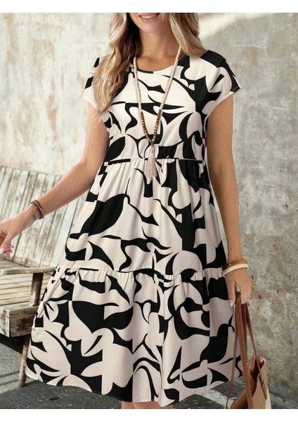 Kadın Kısa Kollu Bisiklet Yaka Desenli Fırfırlı Süprem Elbise