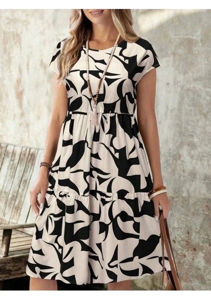 Kadın Kısa Kollu Bisiklet Yaka Desenli Fırfırlı Süprem Elbise fiyatları