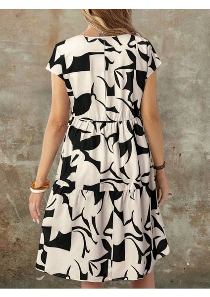 Kadın Kısa Kollu Bisiklet Yaka Desenli Fırfırlı Süprem Elbise modelleri