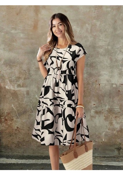 Kadın Kısa Kollu Bisiklet Yaka Desenli Fırfırlı Süprem Elbise fırsatları
