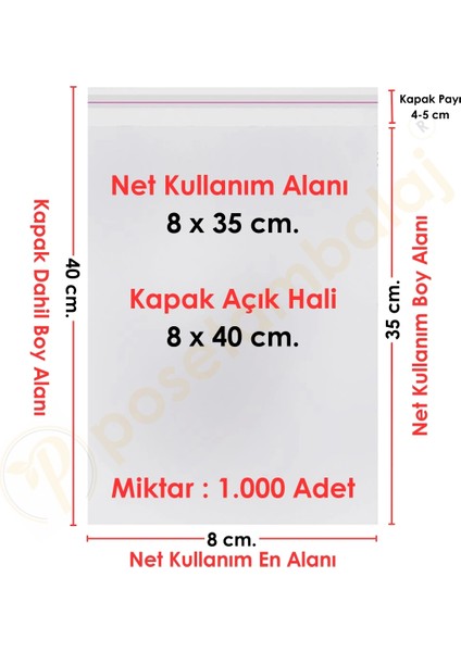 8X35+5 CM. (8X40) 1. 000 Adet Şeffaf Bantlı Yapışkanlı Opp Poşet