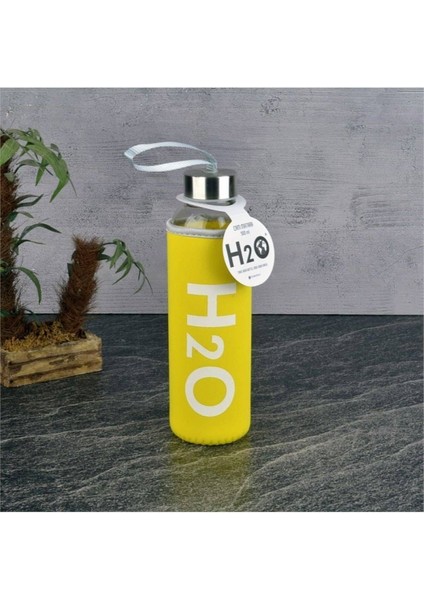 Cam matara, metal kapak, 500 ml, sarı, H2o kılıflı, ve şık tasarım