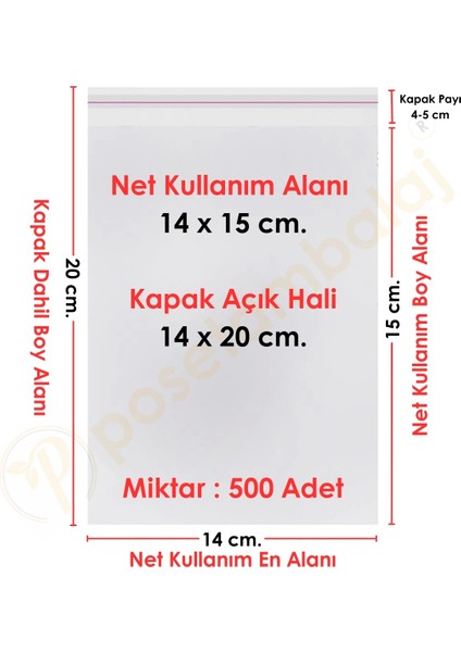 14X15+5 CM. (14X20) 500 Adet Şeffaf Bantlı Yapışkanlı Opp Poşet