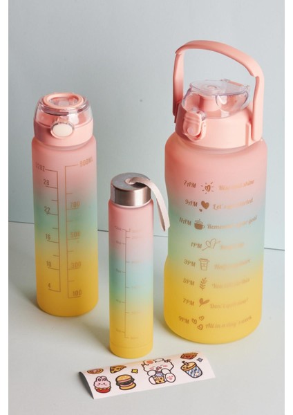 Motivasyonel 3'lü Su Matarası Seti, 2L, 900ml, 600ml, Çok Renkli, Tritan Spor Matara