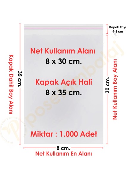 8X30+5 CM. (8X35) 1. 000 Adet Şeffaf Bantlı Yapışkanlı Opp Poşet