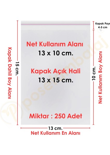 13X10+5 CM. (13X15) 250 Adet Şeffaf Bantlı Yapışkanlı Opp Poşet