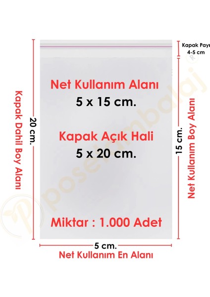5X15+5 CM. (5X20) 1. 000 Adet Şeffaf Bantlı Yapışkanlı Opp Poşet