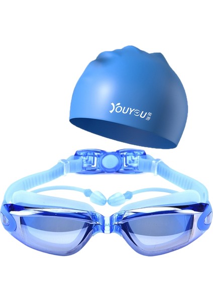 Erkekler ve Kadınlar Için Hd Su Geçirmez Buğu Önleyici Yüzme Gözlükleri Yetişkin Gözlükleri Moda Yüzme Şapkası Seti (Yurt Dışından)