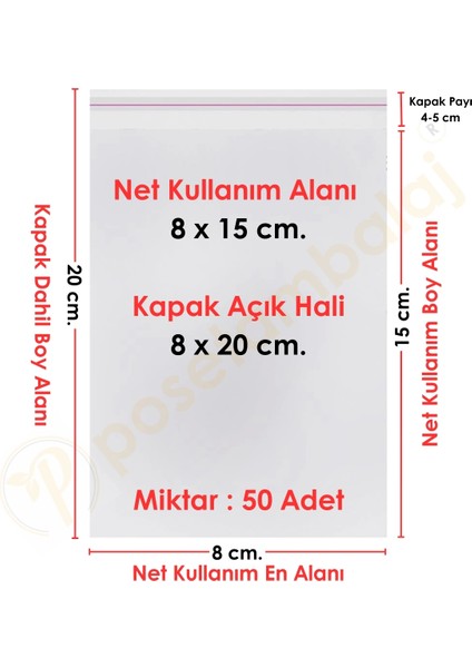 8X15+5 CM. (8X20) 50 Adet Şeffaf Bantlı Yapışkanlı Opp Poşet
