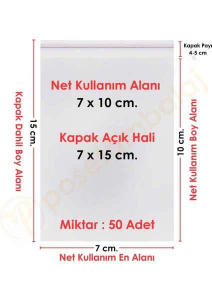 7X10+5 CM. (7X15) 50 Adet Şeffaf Bantlı Yapışkanlı Opp Poşet