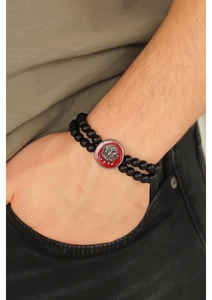 Osmanlı Tuğralı Kırmızı Metal Aksesuarlı Siyah Oniks Doğal Taş Erkek Bileklik